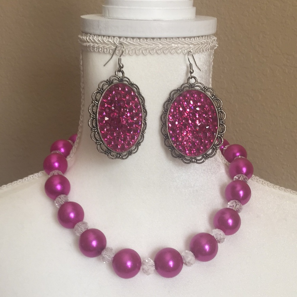 Pink bling earrings and necklace